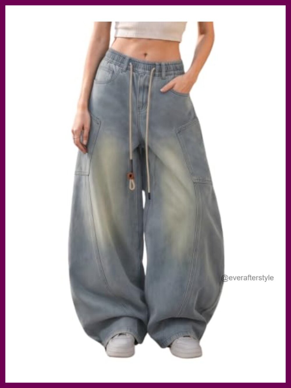 Baggy Jeans Women Barrel Leg Elastic Waist Drawstring Cotton Blend